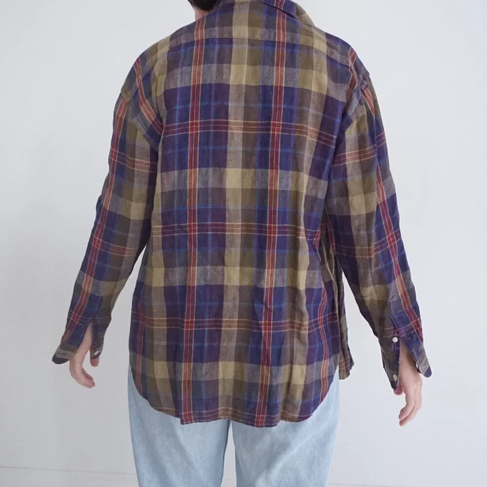 Lauren Ralph Lauren Purple Maroon Plaid Linen Blend Button Up Shirt M - Picture 3 of 12